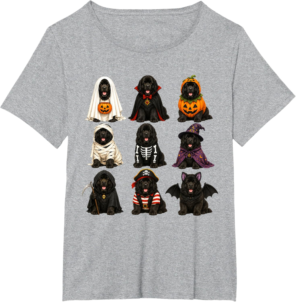 Halloween Newfoundland Squad Pumpkin Vampire Mummy Witch Dog T-Shirt - Heather Grey