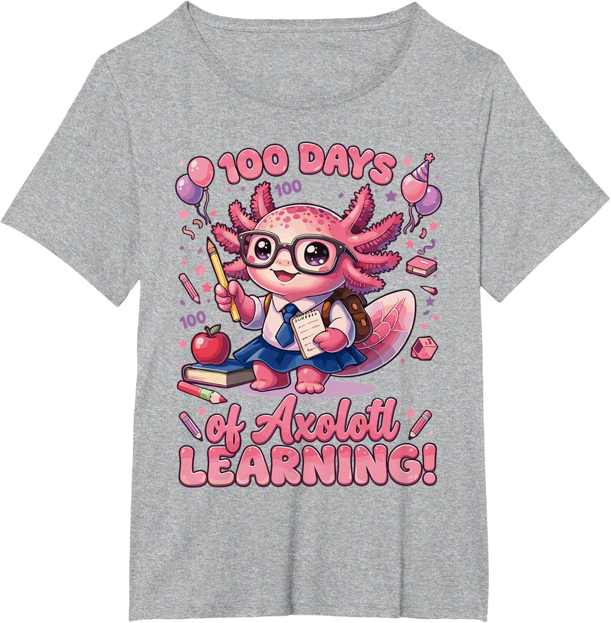 100 Days of Axolotl Learning Cute School T-Shirt - Heather Grey