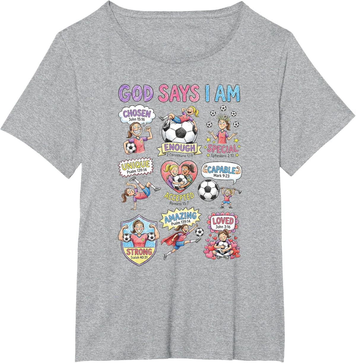 God Says I Am Christian T-Shirt for Girls Teens Kids Soccer Tees - Heather Grey