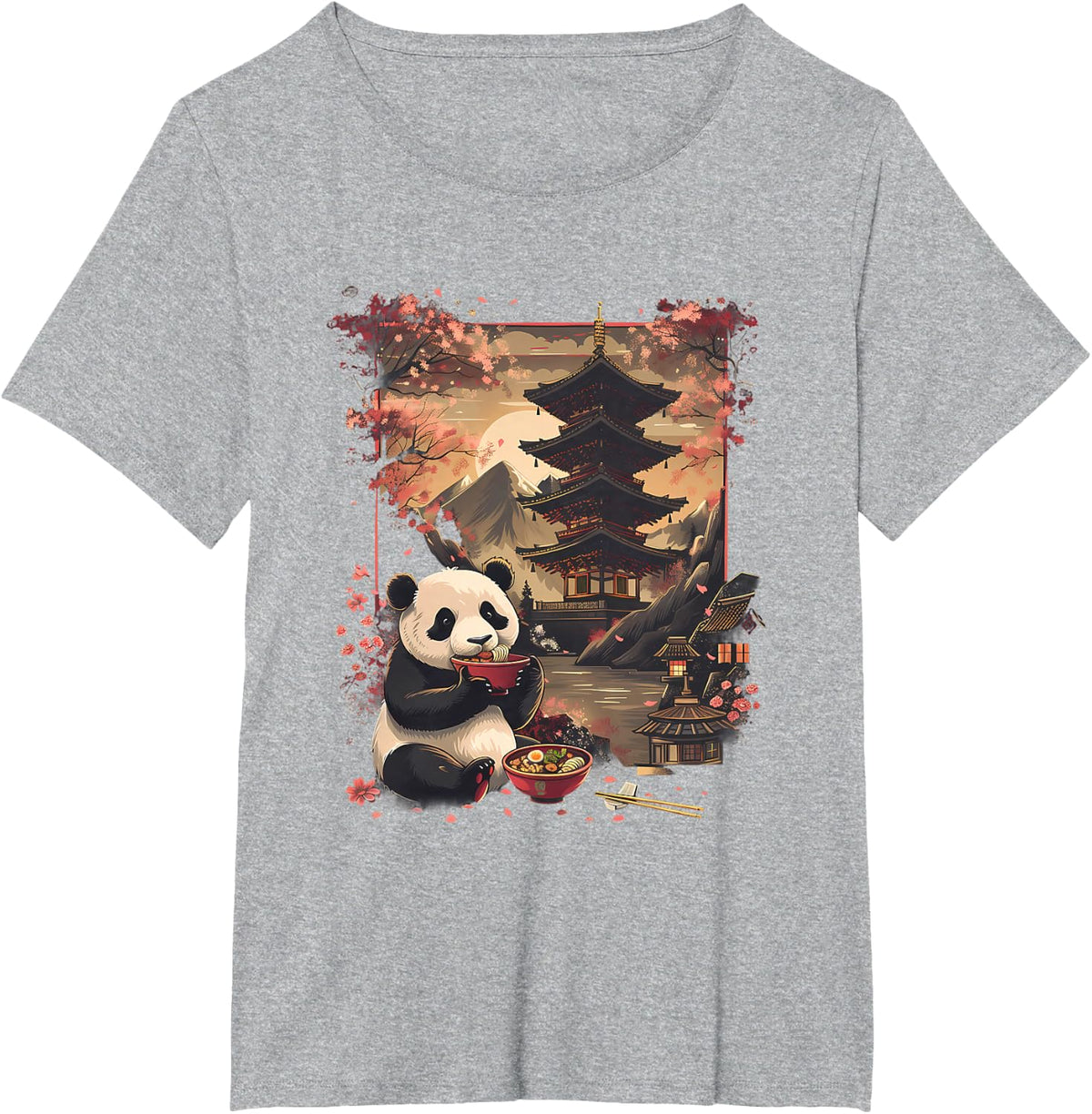 Panda Ramen Mount Fuji Pagoda Tower Sakura Panda Noodle Bowl T-Shirt - Heather Grey