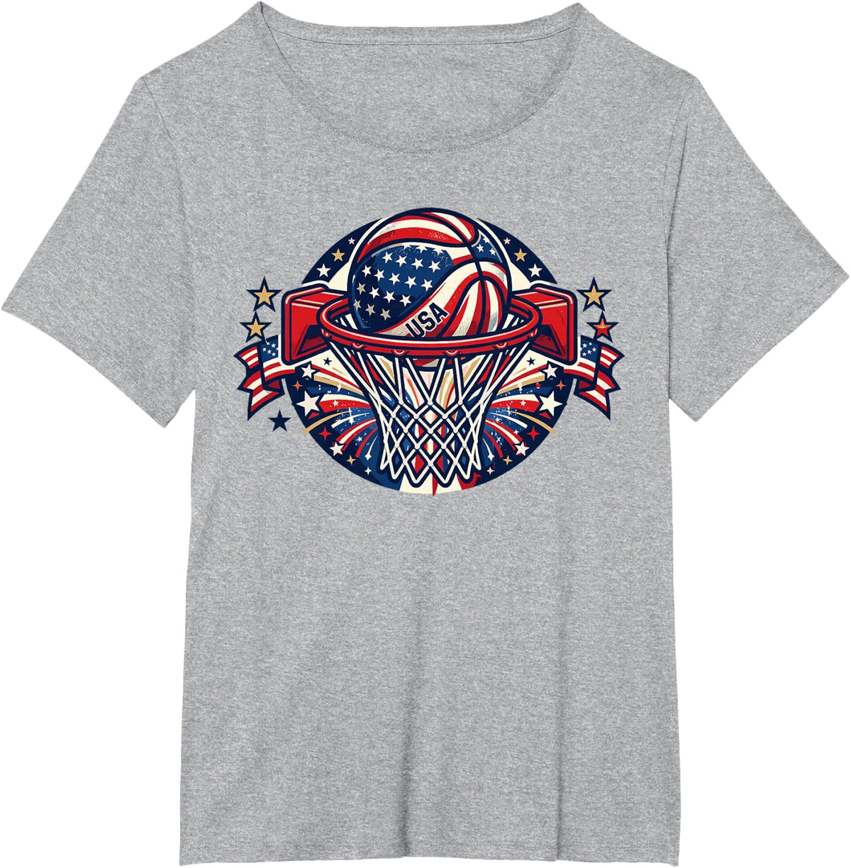 4th of July Shirts Youth Boys, American Flag Basketball Hoop T-Shirt - Heather Grey
