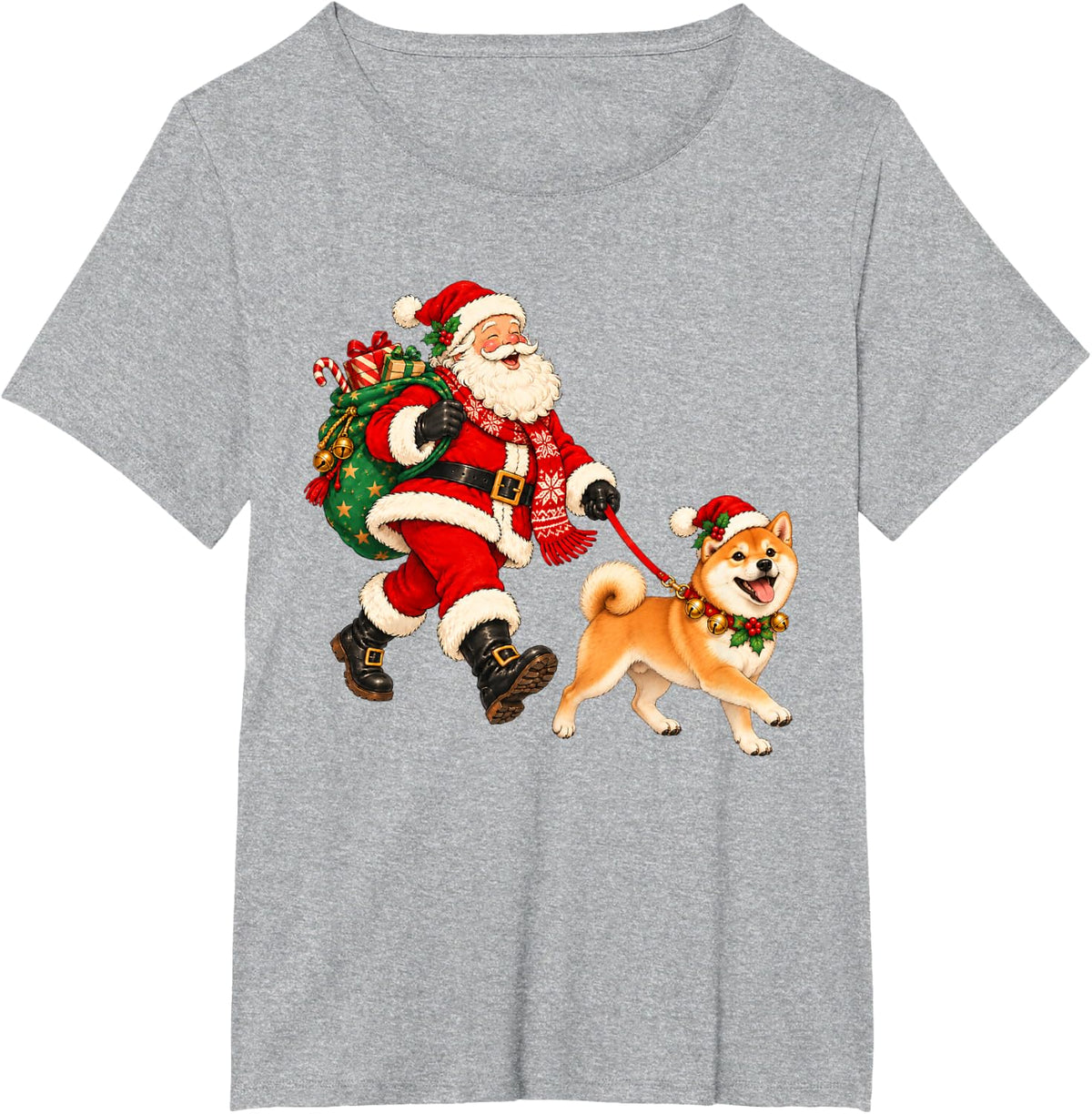 Shiba Inu Christmas Dog Walking with Santa Holiday Dog Lover T-Shirt - Heather Grey