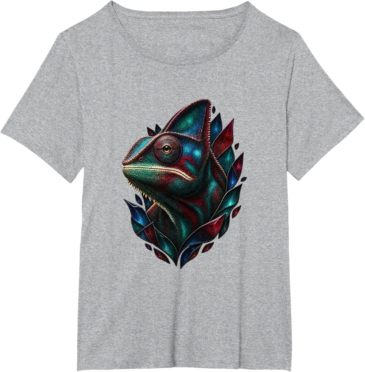 Chameleon with Stained Glass Shards Reptile Art T-Shirt - Heather Grey