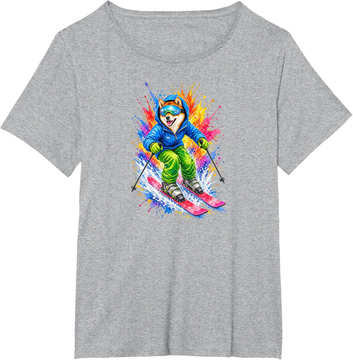 Shiba Inu Skiing Dog Christmas Funny T-Shirt - Heather Grey