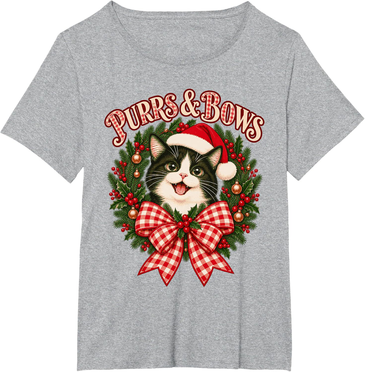 Christmas Tuxedo Cat Wreath Red Gingham Coquette Bow T-Shirt - Heather Grey