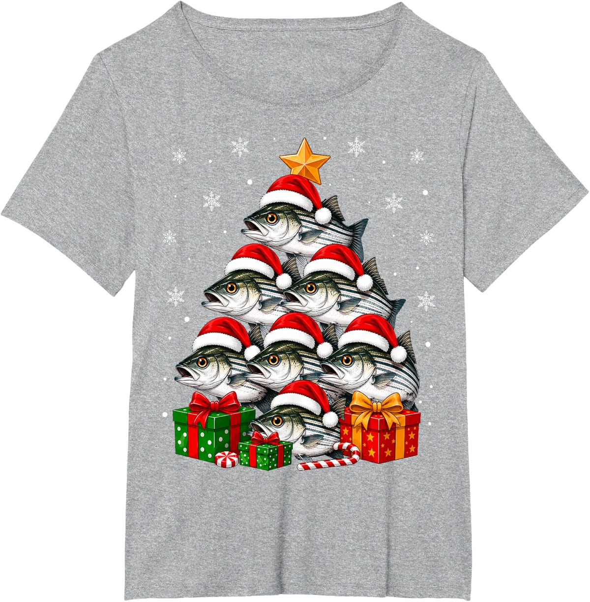 Striped Bass Fish Christmas Tree Cute Festive Santa Hat Xmas T-Shirt - Heather Grey