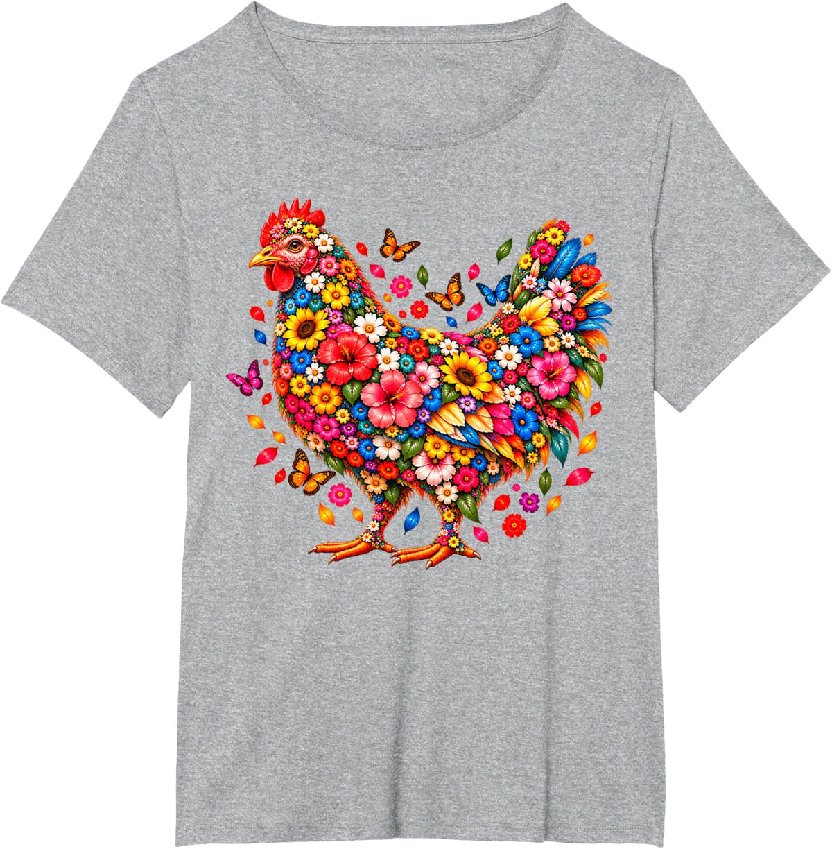 Cute Floral Chicken Colorful Flowers Butterfly Farm Lover T-Shirt - Heather Grey