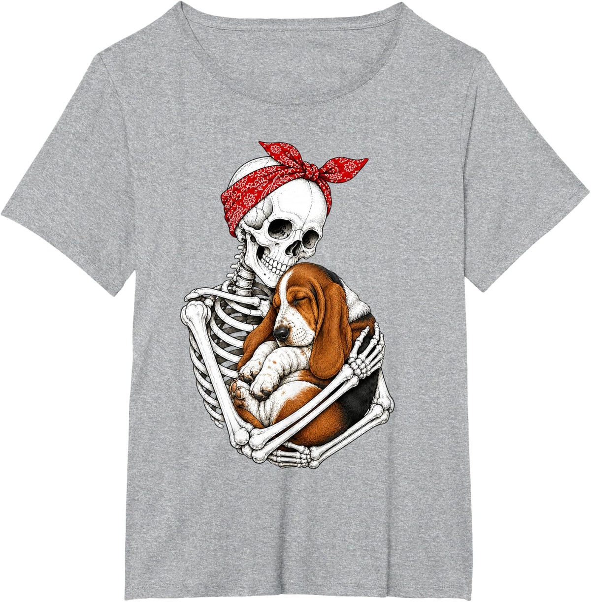 Skeleton Holding Basset Hound Dog Funny Lazy Halloween T-Shirt - Heather Grey