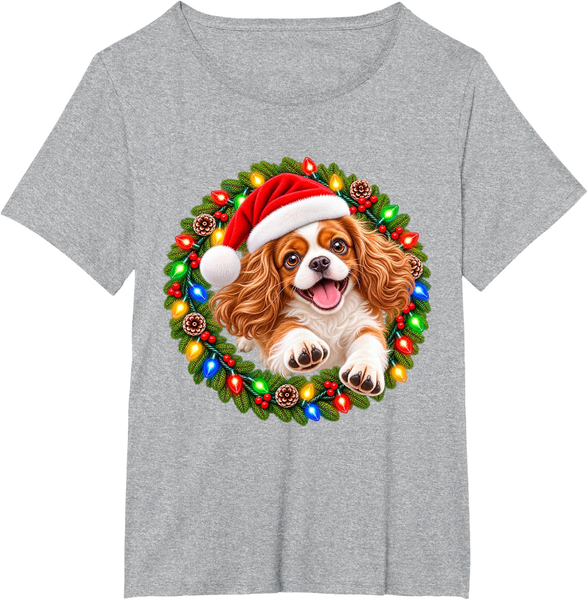 Cavalier King Charles Spaniel Christmas Jumping Dog Wreath T-Shirt - Heather Grey