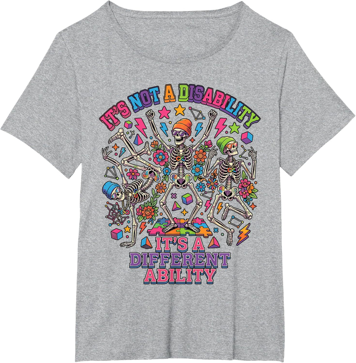Autism Awareness Different Ability Retro Dancing Skeletons T-Shirt - Heather Grey