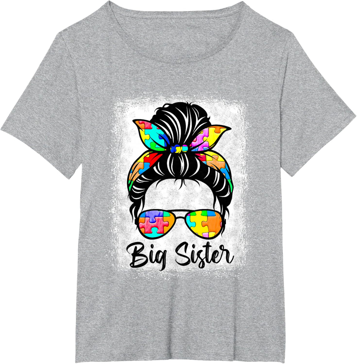 Autism Awareness Bleached Messy Bun Big Sister Puzzle T-Shirt - Heather Grey