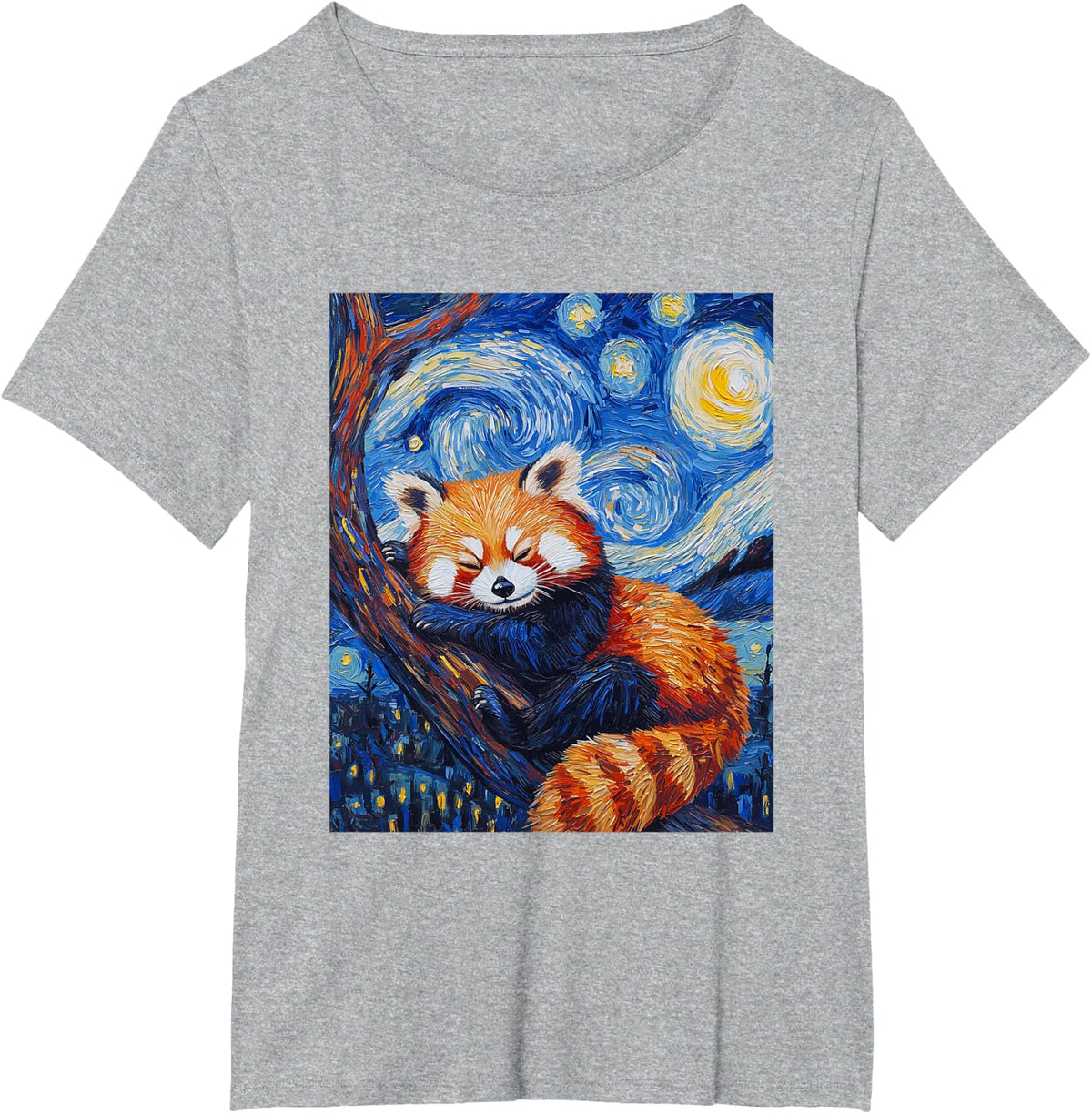 Cute Red Panda Bear Van Gogh Style Starry Night Graphic T-Shirt - Heather Grey