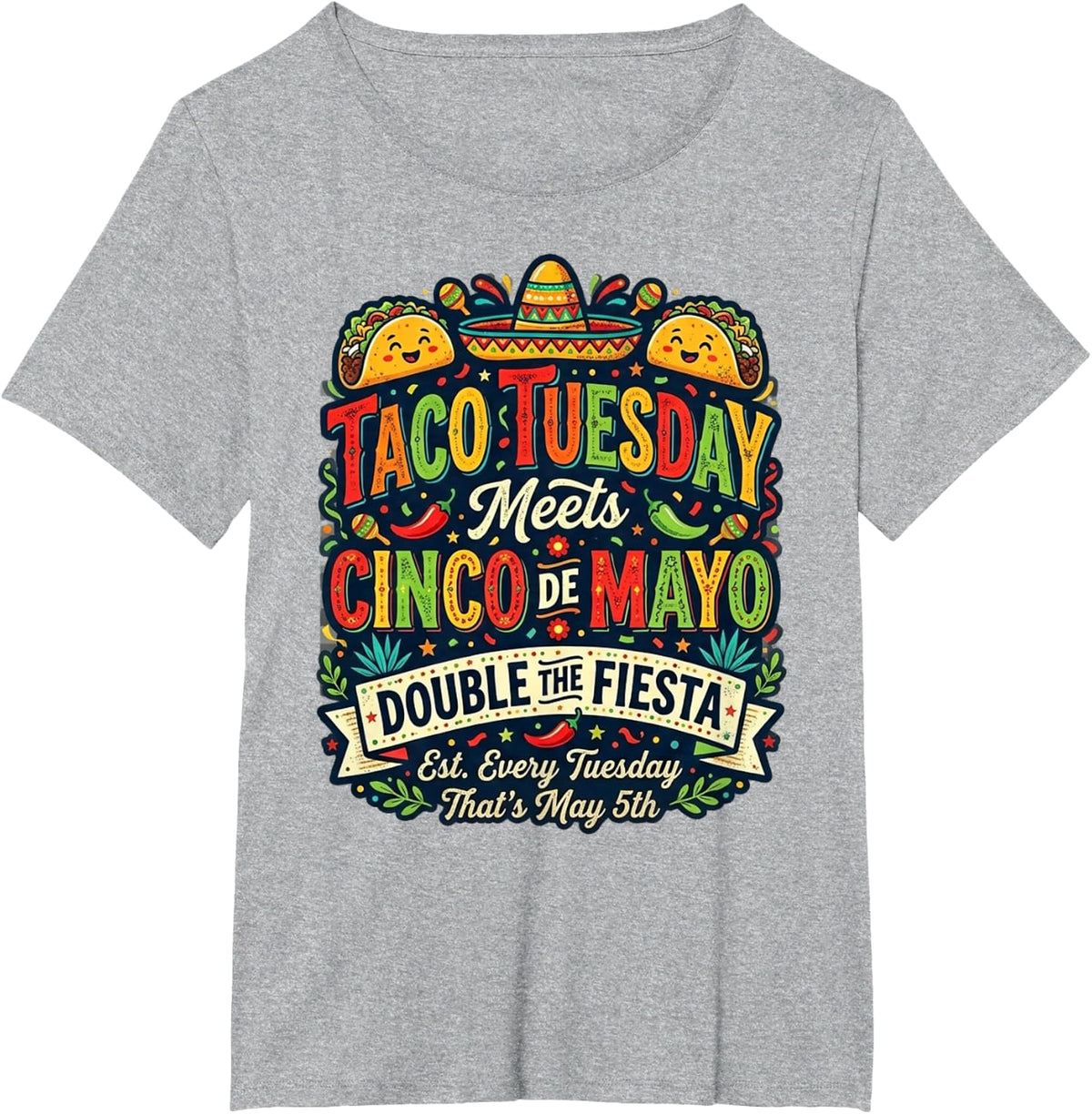 Taco Tuesday Cinco De Mayo Fiesta Tacos Mashup Fun Tee T-Shirt - Heather Grey