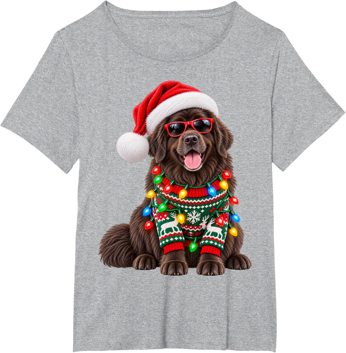 Newfoundland Christmas Lights Santa Hat Sunglasses T-Shirt - Heather Grey