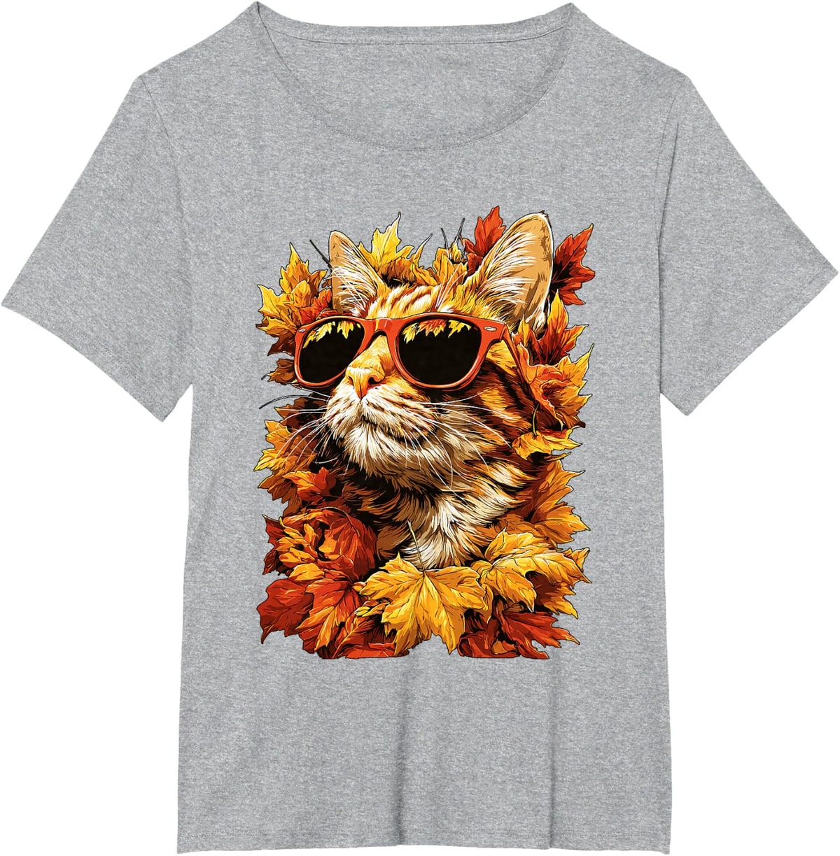 Orange Tabby Cat with Sunglasses Autumn Leaves Fall Animal T-Shirt - Heather Grey