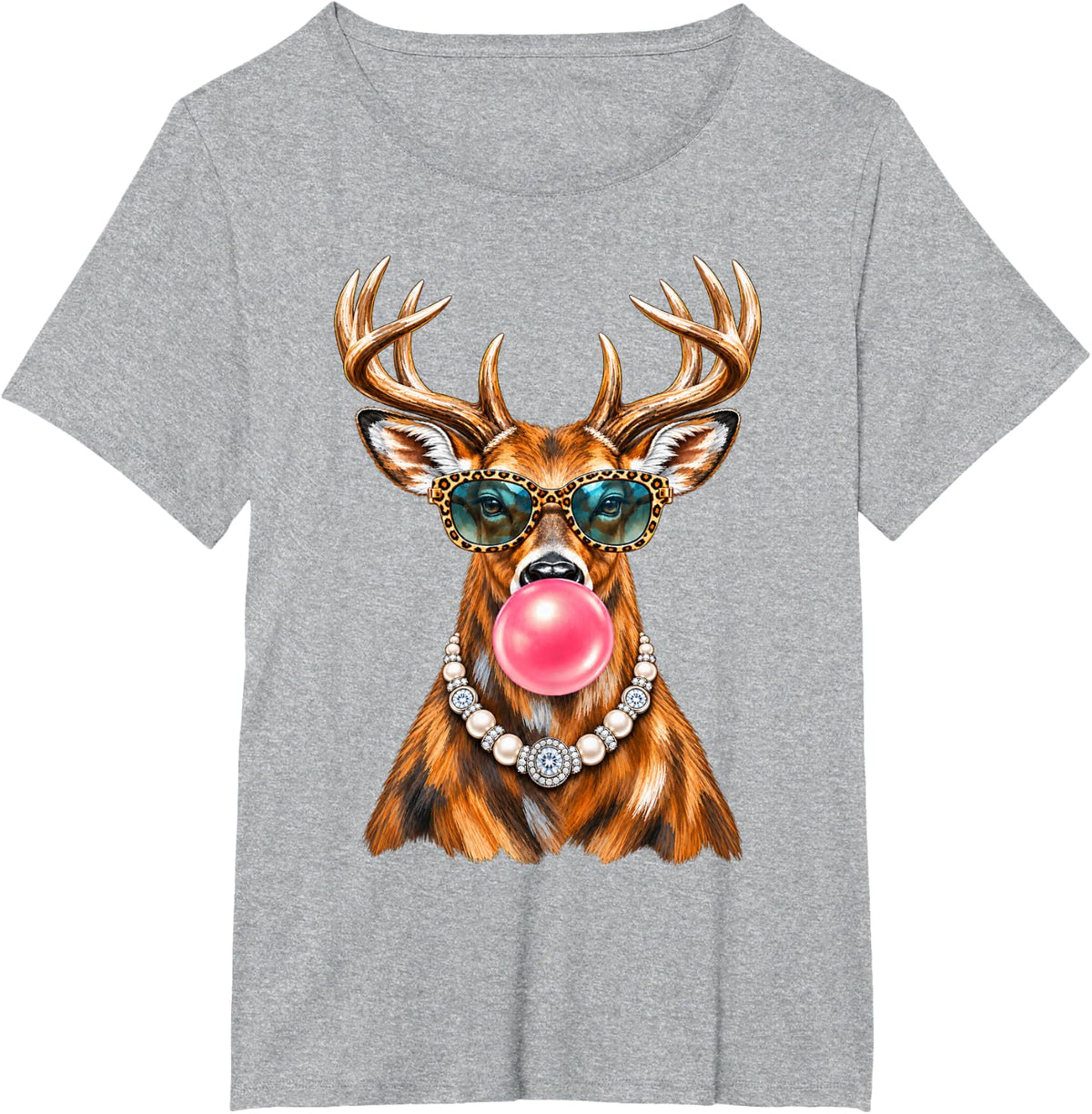 Funny Deer Wearing Glasses and Blowing Pink Bubble Gum T-Shirt - Heather Grey