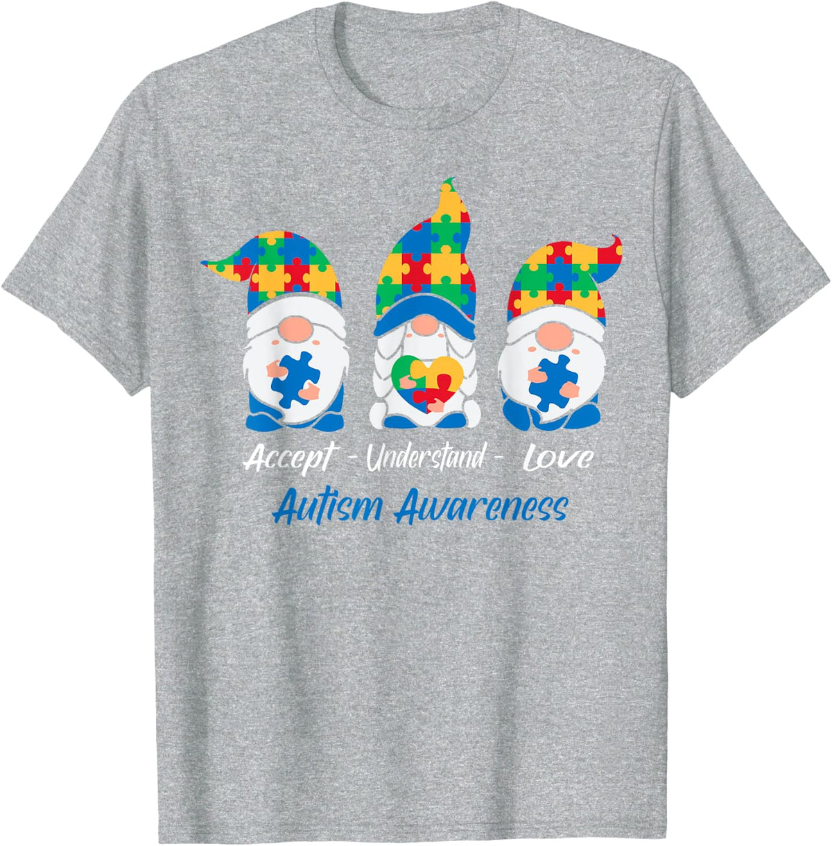 Three Gnomes Holding Puzzle Autism Awareness Month T-Shirt - Heather Grey