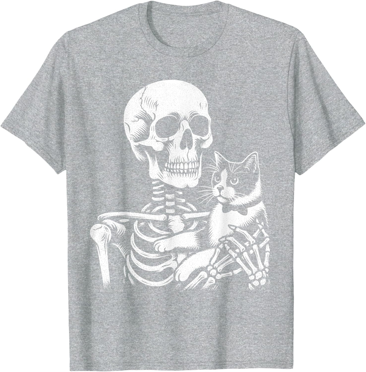 Skeleton Holding A Tuxedo Cat Lazy Halloween Costume Skull T-Shirt for Men Women Kids - Heather Grey