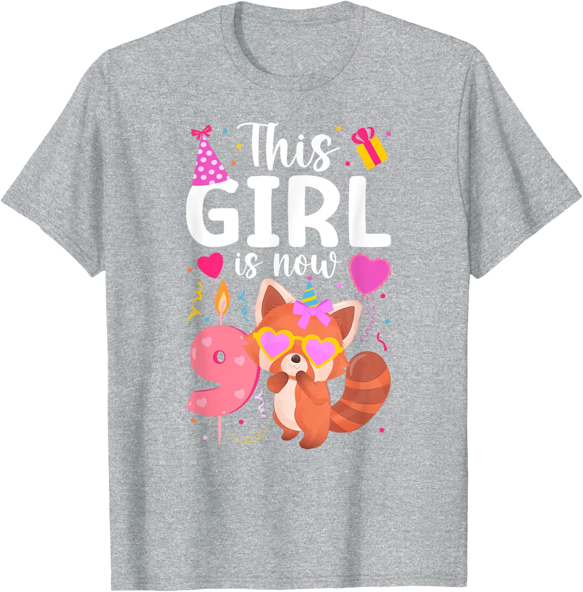 9th Red Panda Birthday 9 Year Old Girl Red Pandas Birthday T-Shirt - Heather Grey