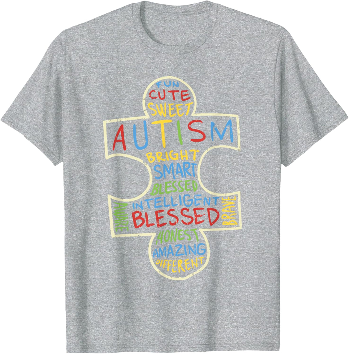 Autism Awareness Shirt Puzzle Piece Words Tee Autistic Support T-Shirt Gift for Kids - Heather Grey