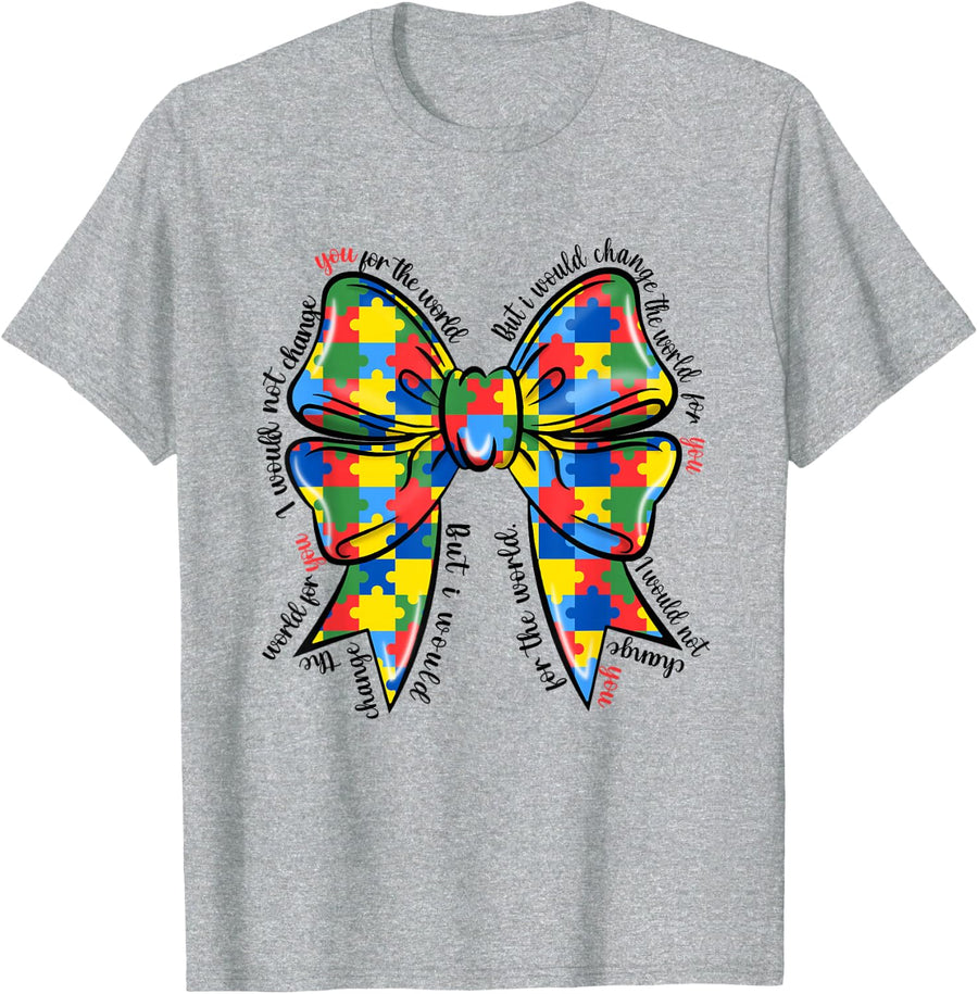 Coquette Bow Ribbon Autism Awareness Autistic T-Shirt - Heather Grey