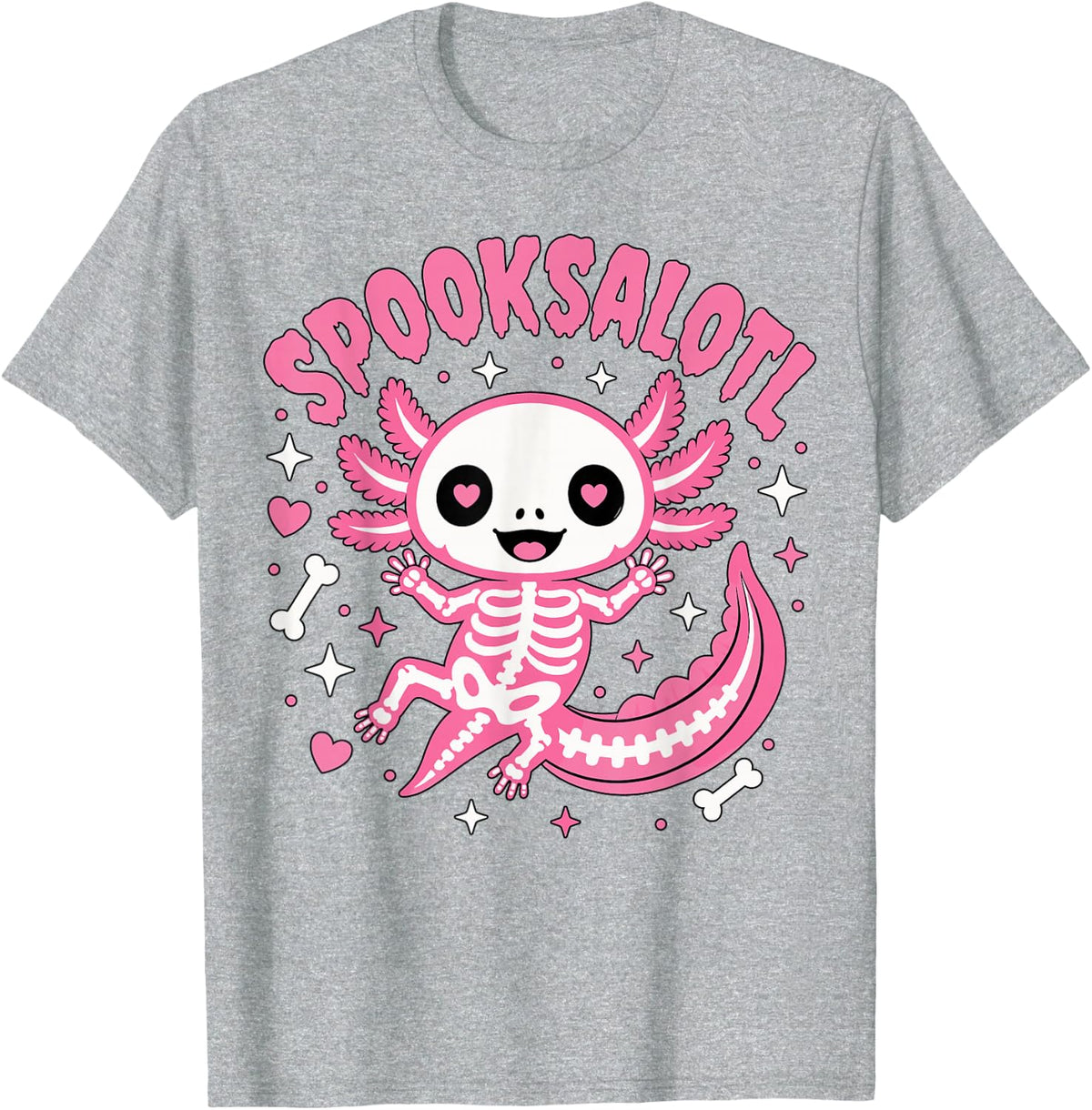 Spooksalotl Pink Skeleton Axolotl T-Shirt - Heather Grey