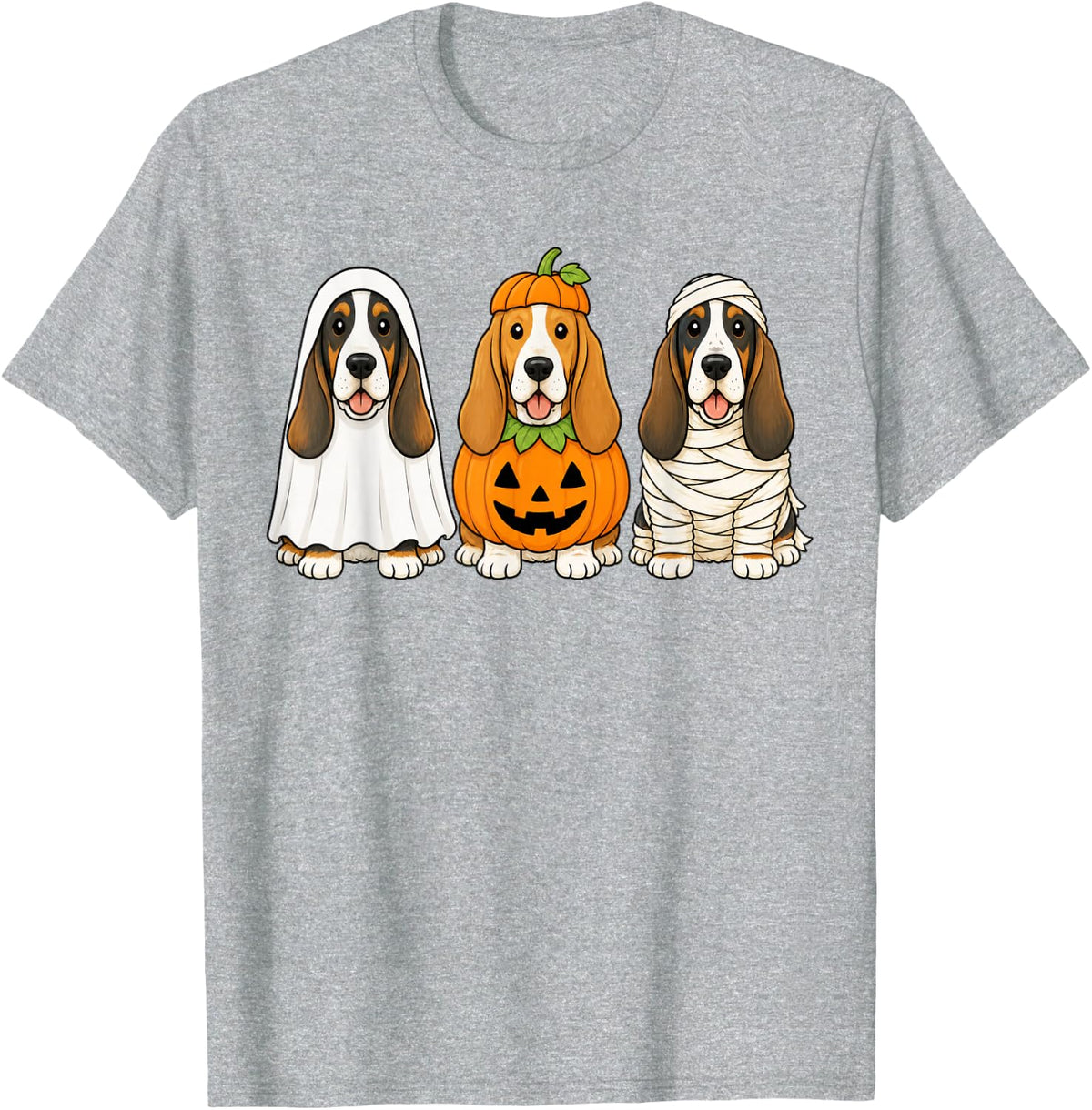 Spooky Basset Hound Pumpkin Ghost Halloween Dog Lover T-Shirt - Heather Grey