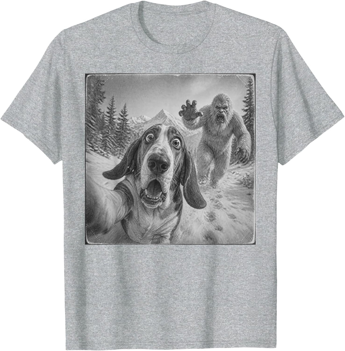 Vintage Basset Hound Dog Selfie Bigfoot Hunting Wilderness T-Shirt - Heather Grey