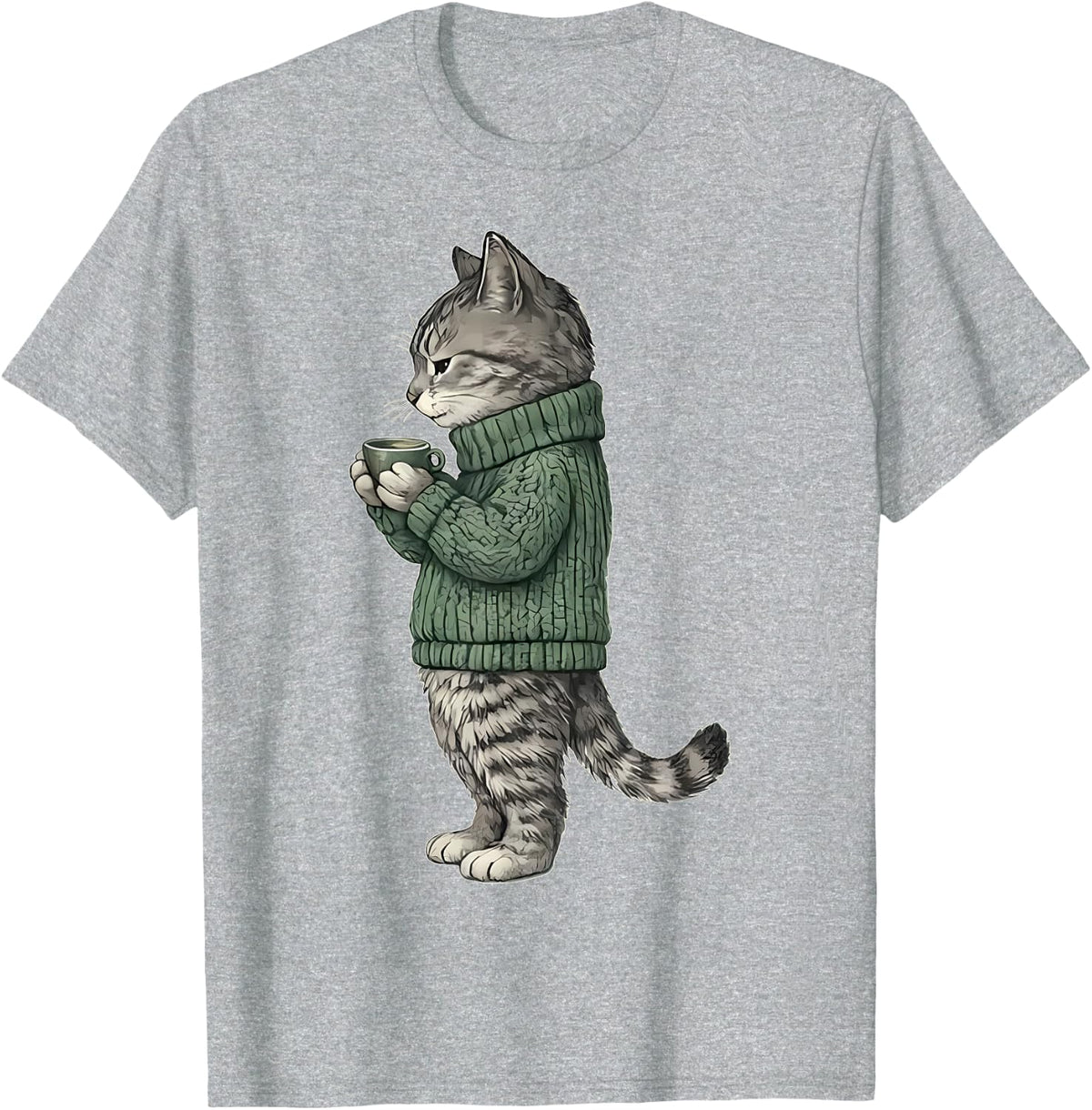 Cozy Tabby Cat Drinking Coffee Funny Cute Kitten Pet Lover T-Shirt - Heather Grey