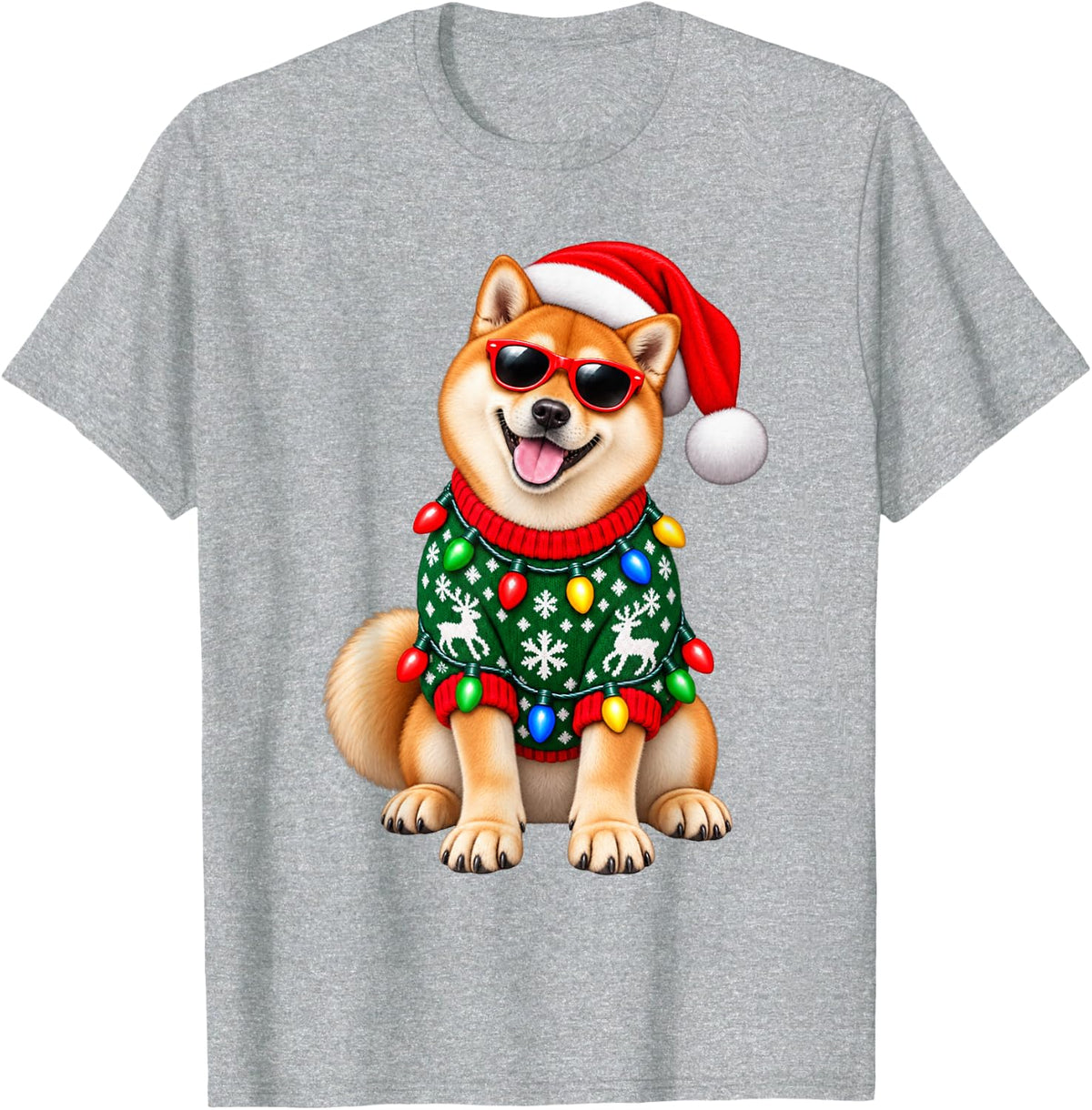 Shiba Inu Dog Christmas Sweater Santa Hat Sunglasses Dog T-Shirt - Heather Grey