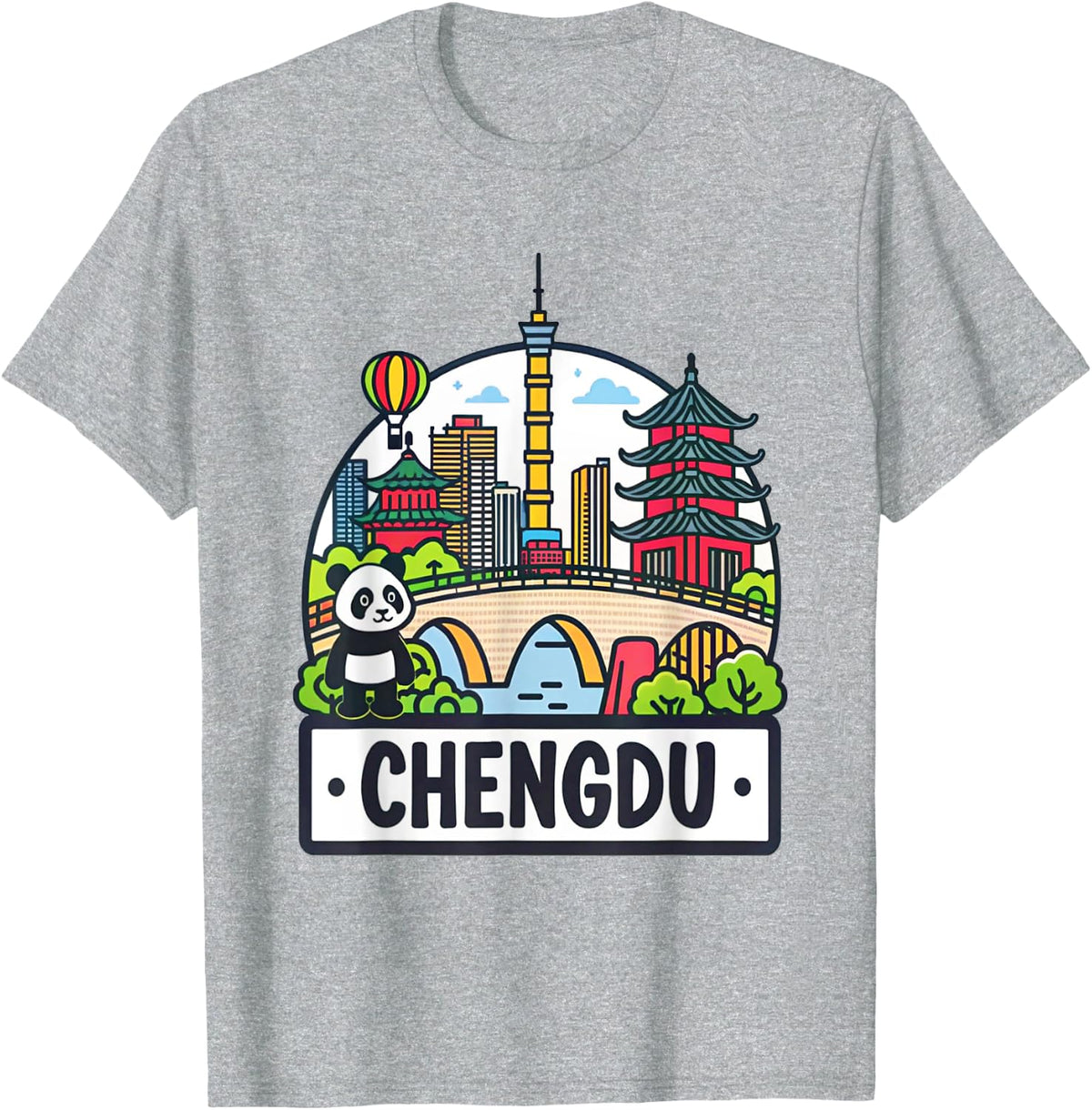Cute Panda and Cityscape Chengdu T-Shirt - Heather Grey