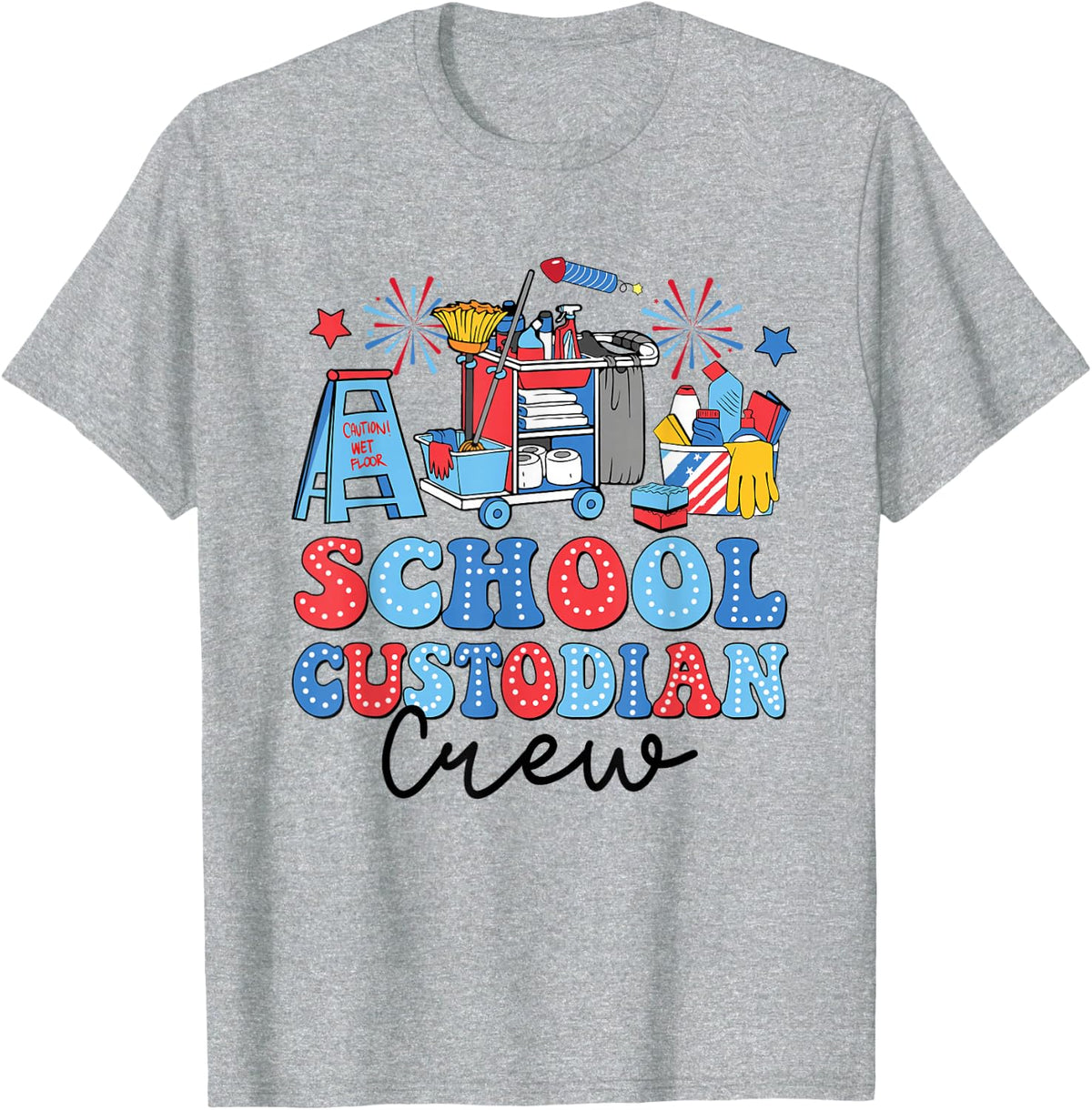 Retro School Custodian Crew American Flag 4th Of July T-Shirt - Heather Grey