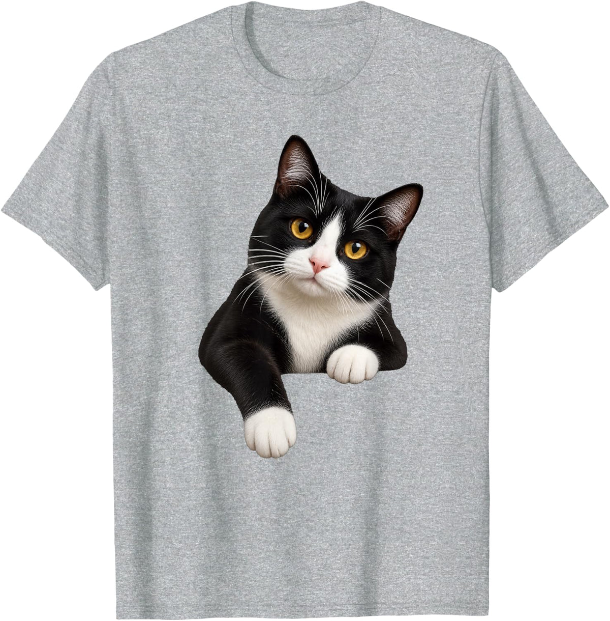 Tuxedo Cat Realistic Gold Eyes Lovable T-Shirt - Heather Grey