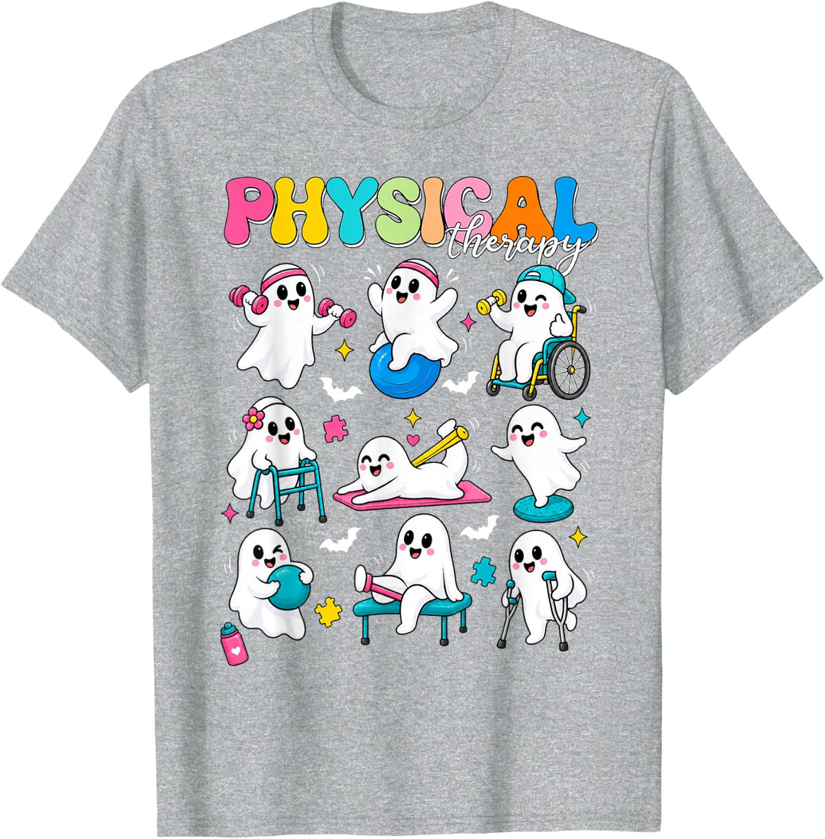Cute Ghost Physical Therapy PT Physical Therapist Halloween T-Shirt - Heather Grey