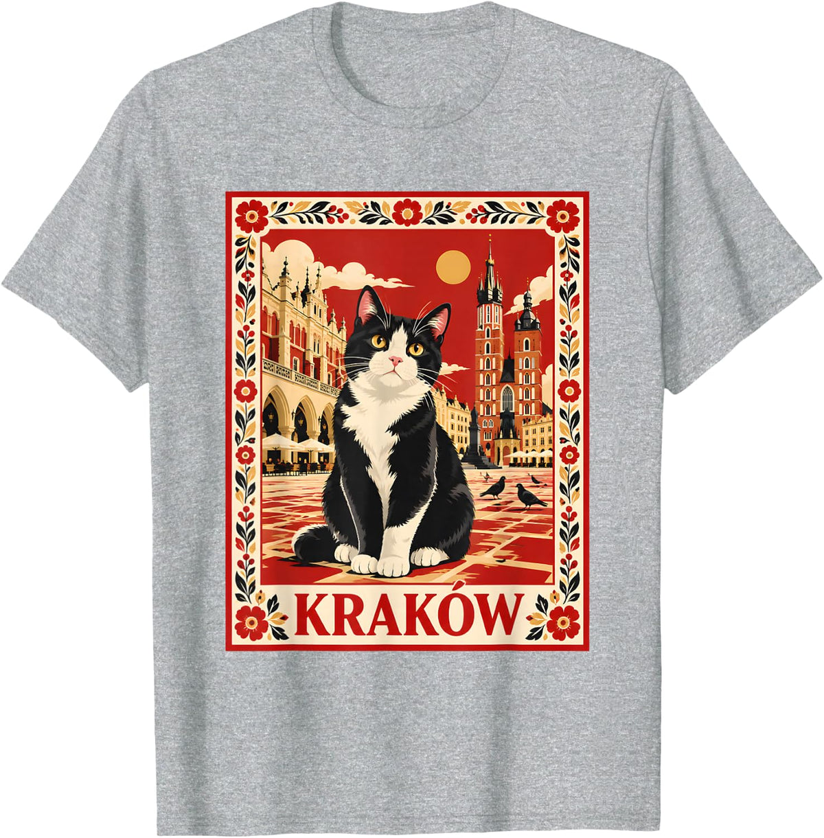 Krakow Poland Tuxedo Cat Vintage Travel Art T-Shirt - Heather Grey