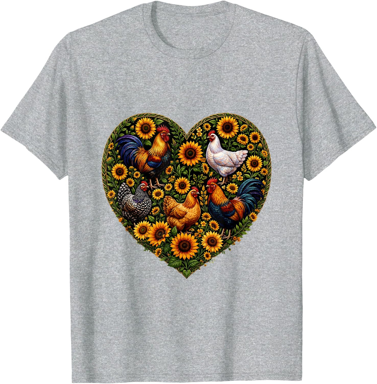 Chicken Heart with Roosters Hens and Sunflowers T-Shirt - Heather Grey