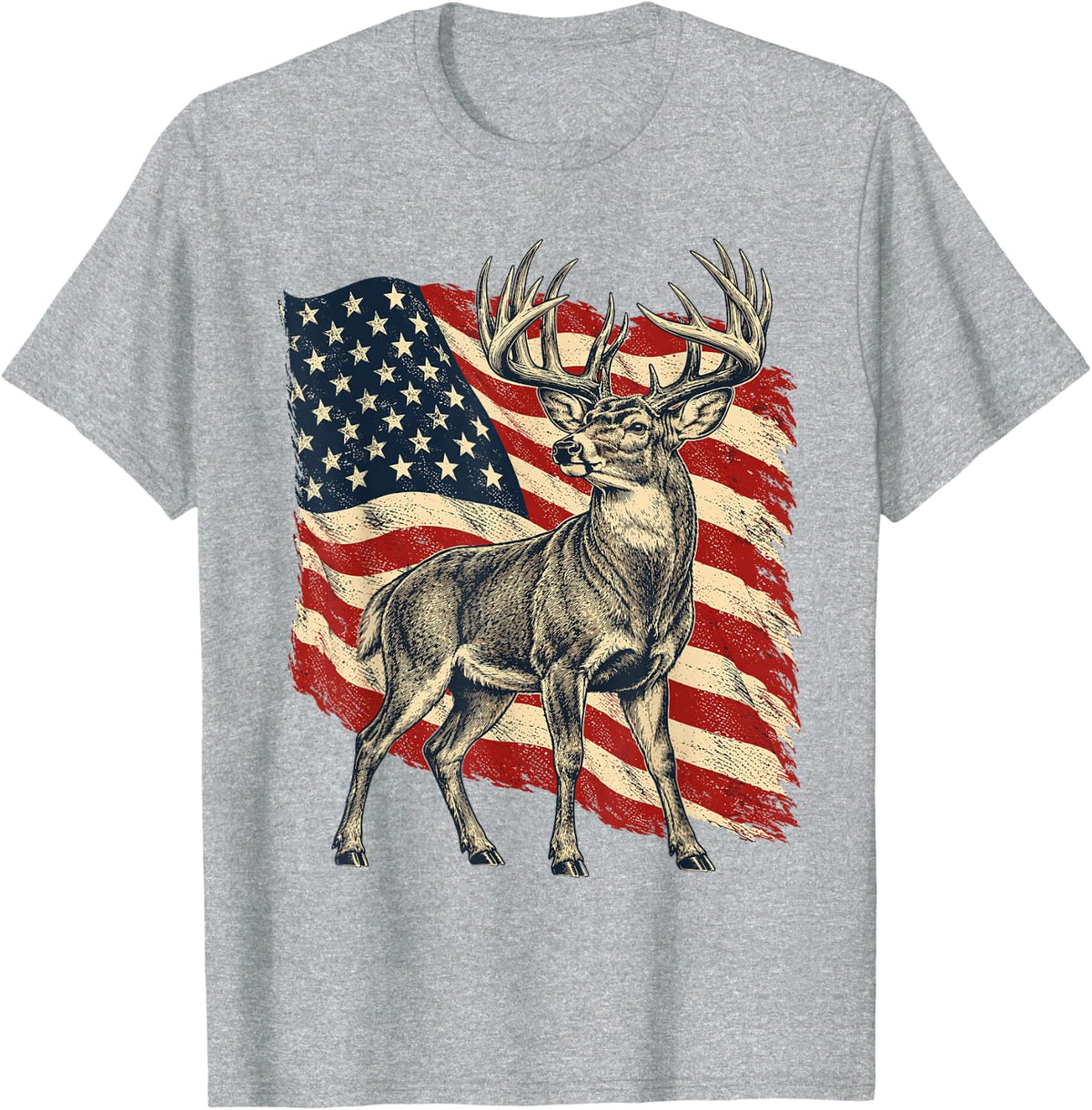 Deer Hunting American Flag Whitetail Buck Vintage T-Shirt - Heather Grey
