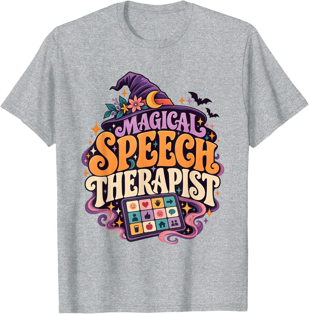 Speech Therapy Witch AAC Board Hat Above an Communication T-Shirt - Heather Grey
