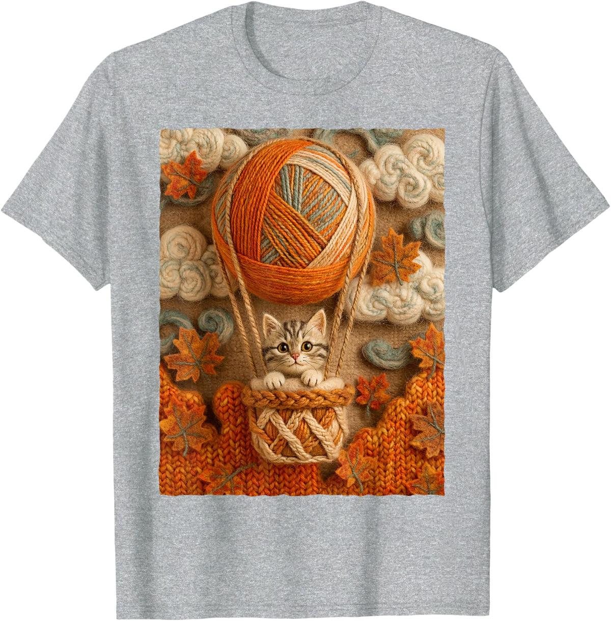 Cute Cat Yarn Hot Air Balloon Cozy Fall Autumn Tabby Kitten T-Shirt - Heather Grey