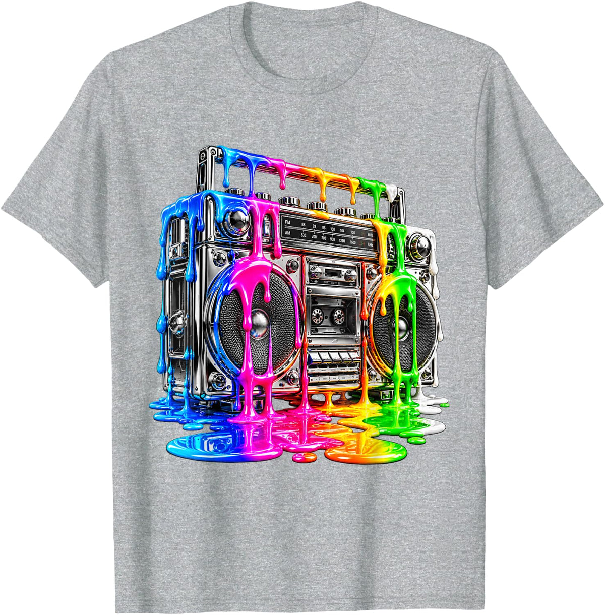 Dripping Paint Boombox Old School 80s Music Hip Hop T-Shirt - Heather Grey