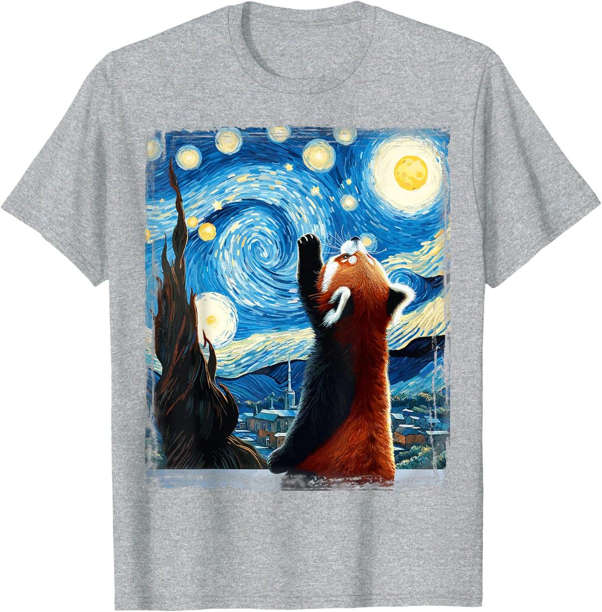 Van Gogh Starry Night Painting Cute Animal Art Red Panda T-Shirt - Heather Grey