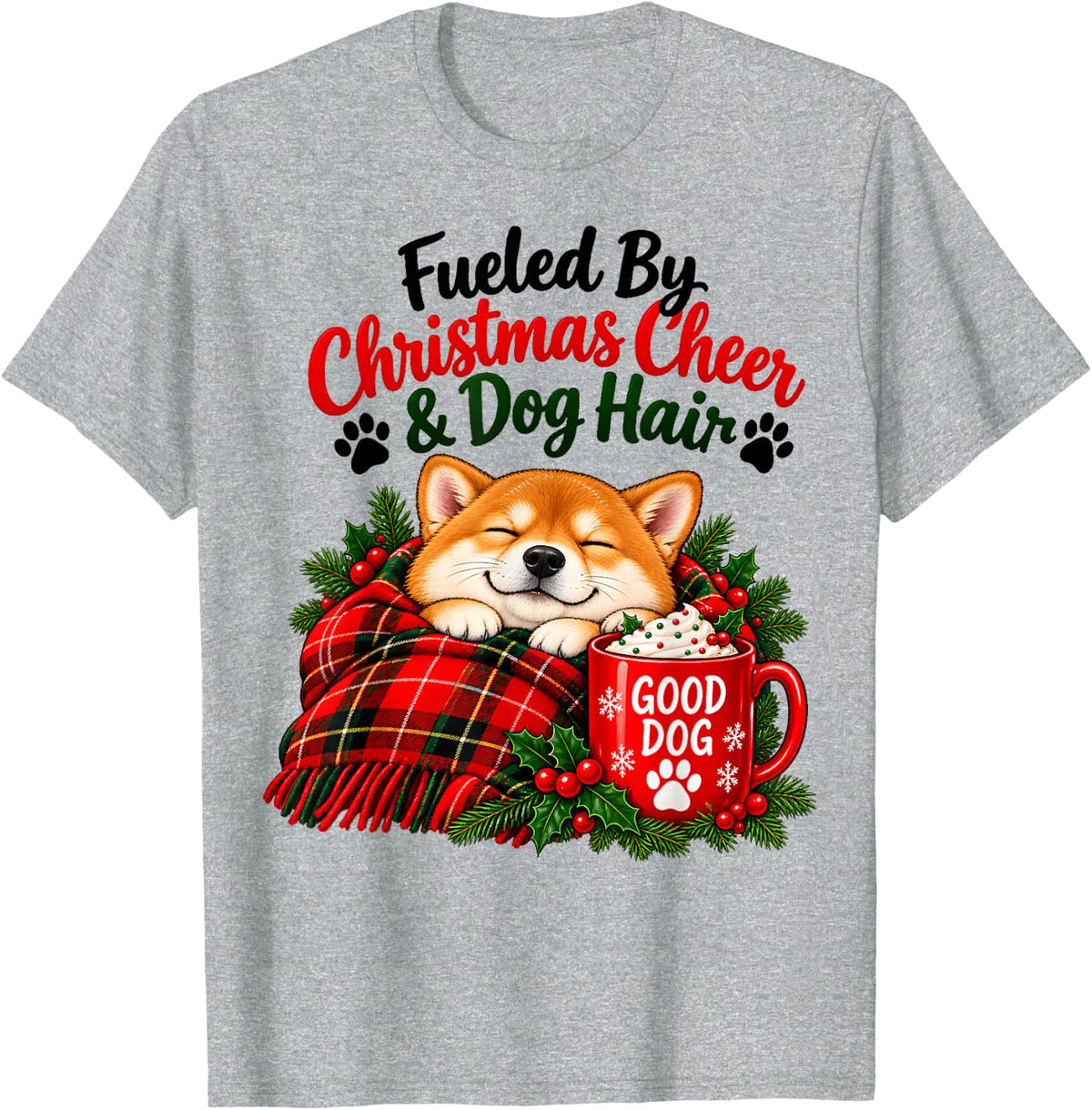 Christmas Cheer and Dog Hair Cozy Shiba Inu Cocoa Nights T-Shirt - Heather Grey