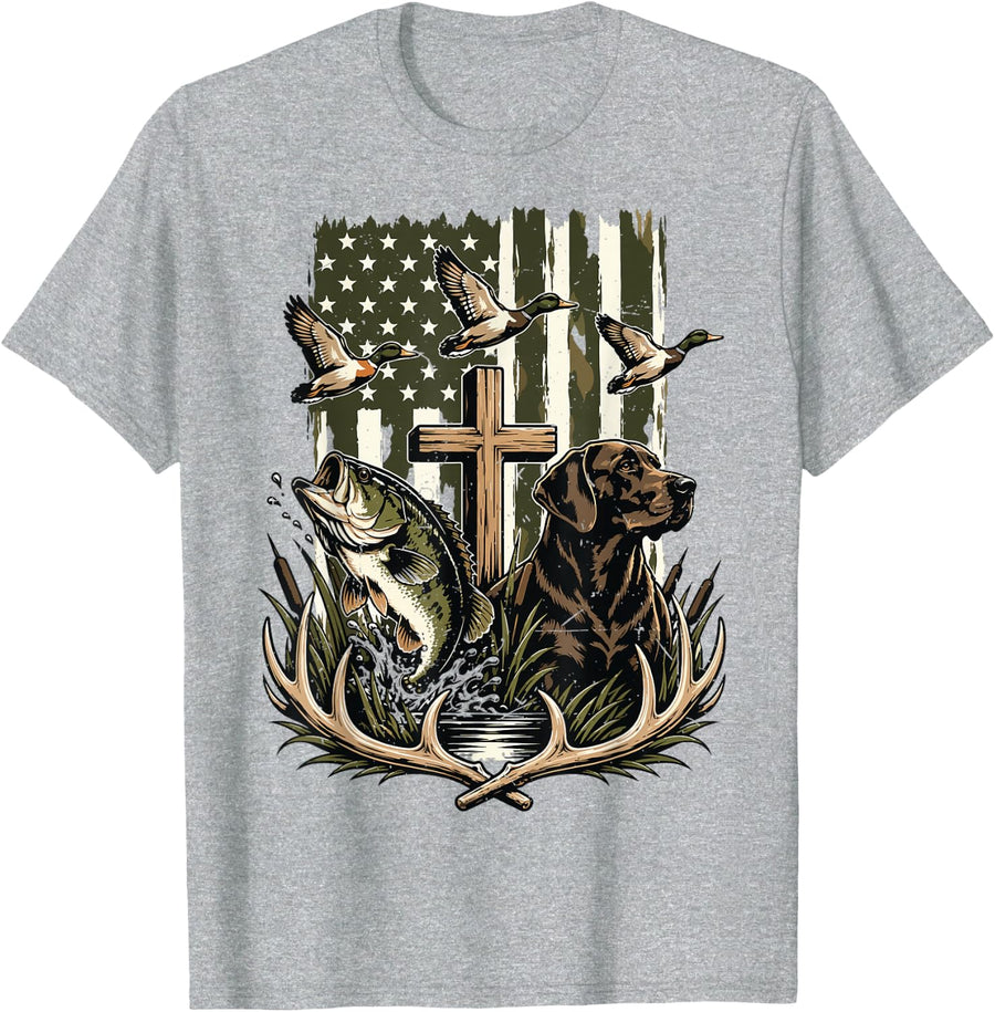 Youth Duck Camo Fishing American Flag Bass Fish Deer Hunting T-Shirt - Heather Grey