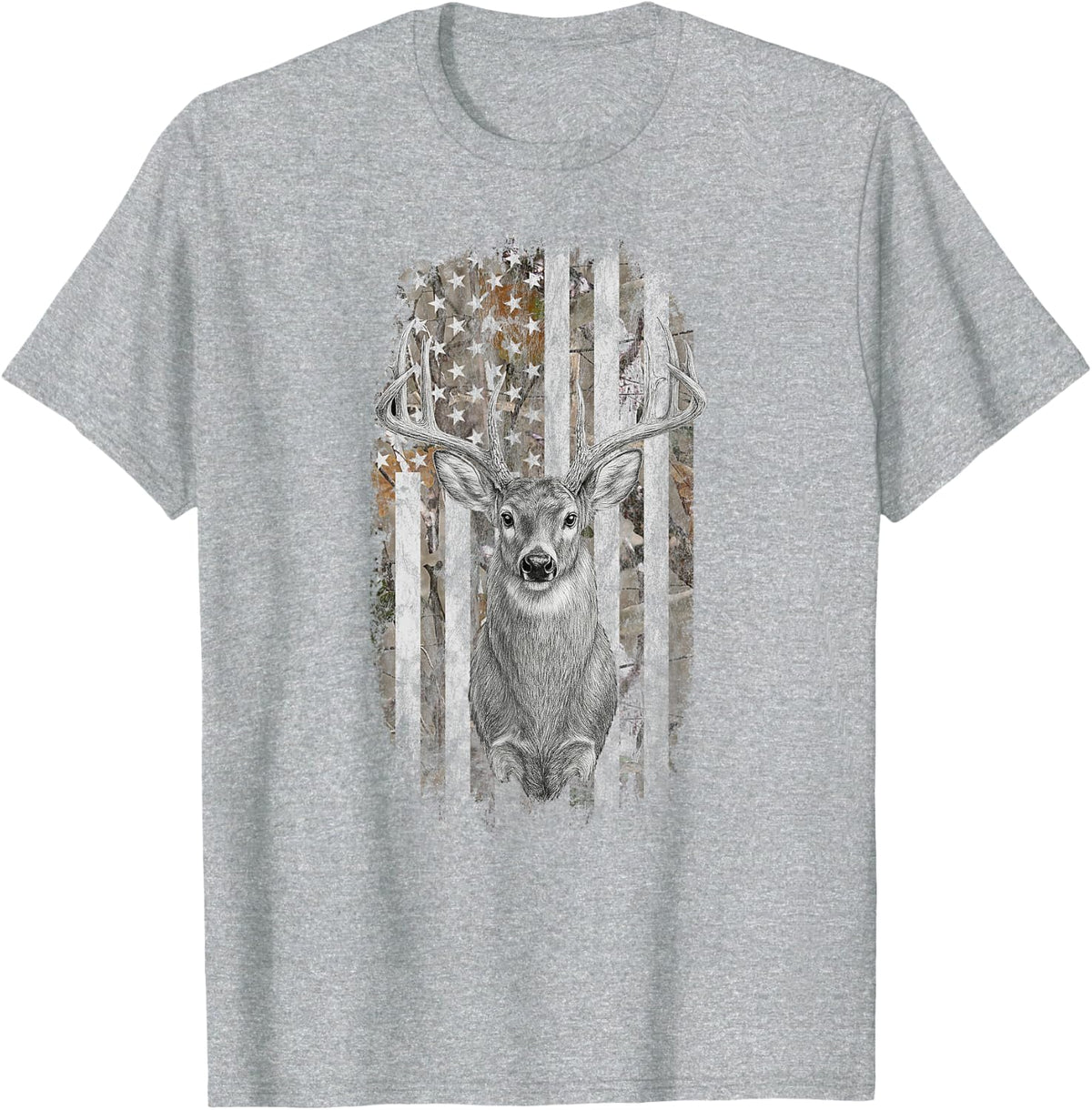 Deer Hunting Camo American Flag Buck Whitetail Hunter T-Shirt - Heather Grey
