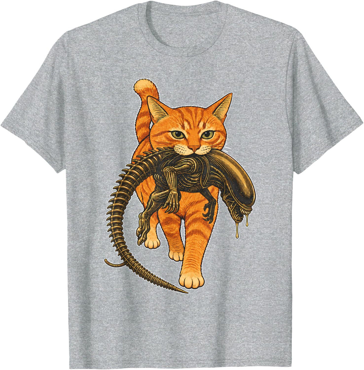 Funny Orange Cat Carrying Alien Halloween Day Performance T-Shirt - Heather Grey