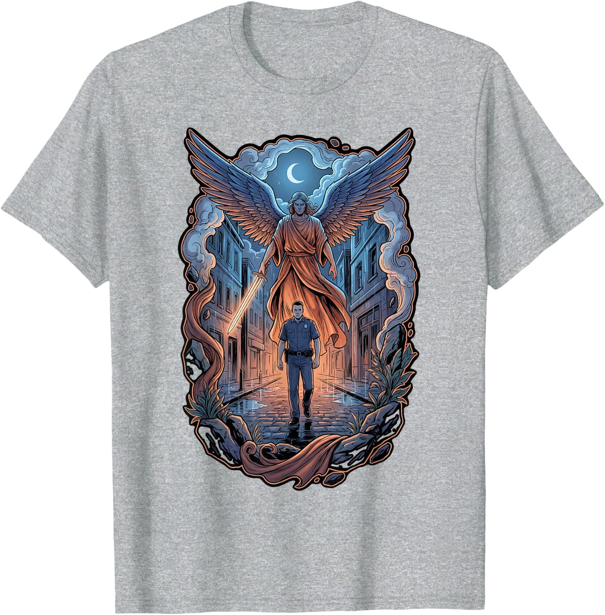 Archangel Guarding Police Officer on Rainy Street Catholic T-Shirt - Heather Grey