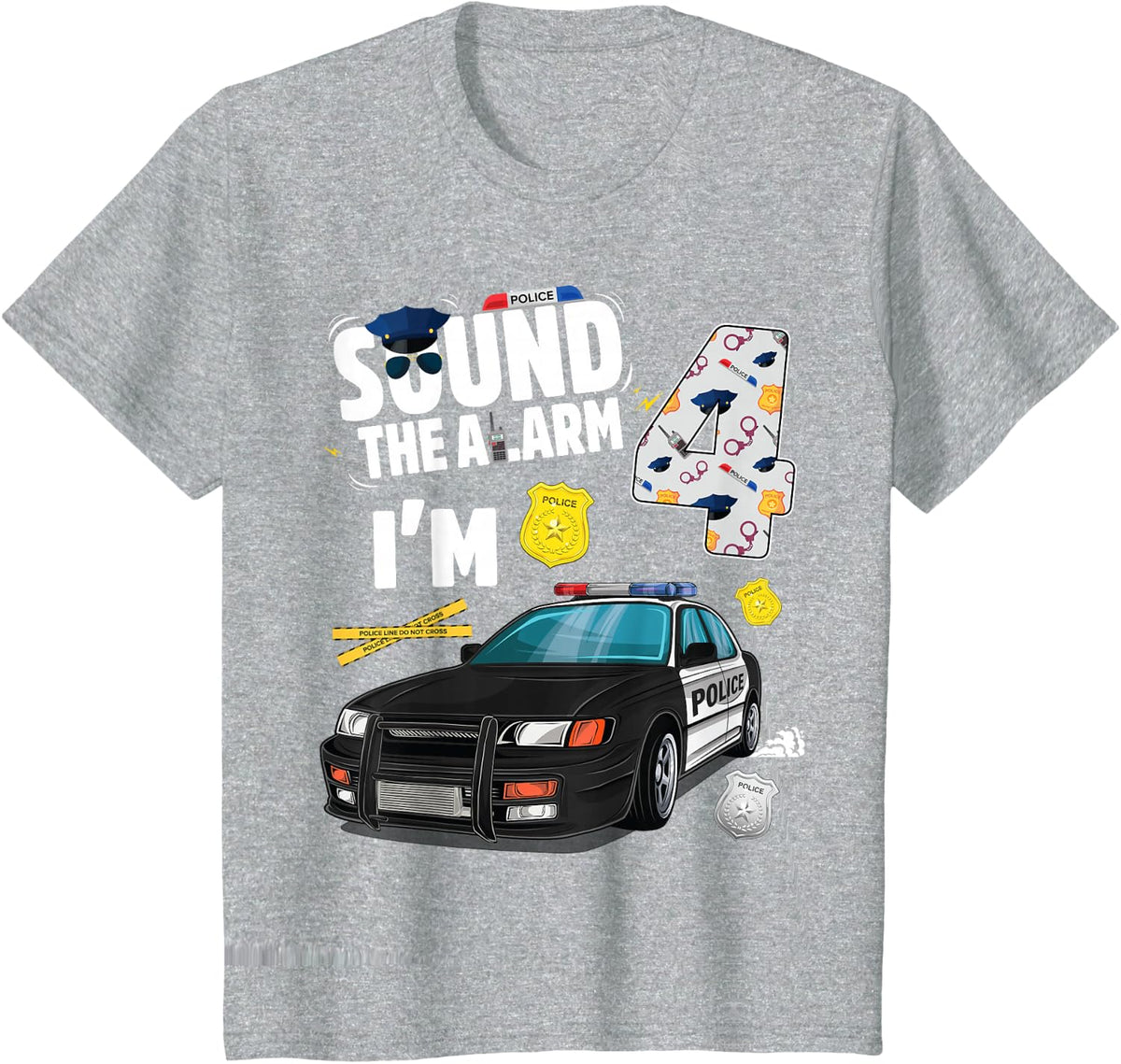 Kids Police Car 4th Birthday Boy 4 year old Cop Policeman Officer T-Shirt - Heather Grey