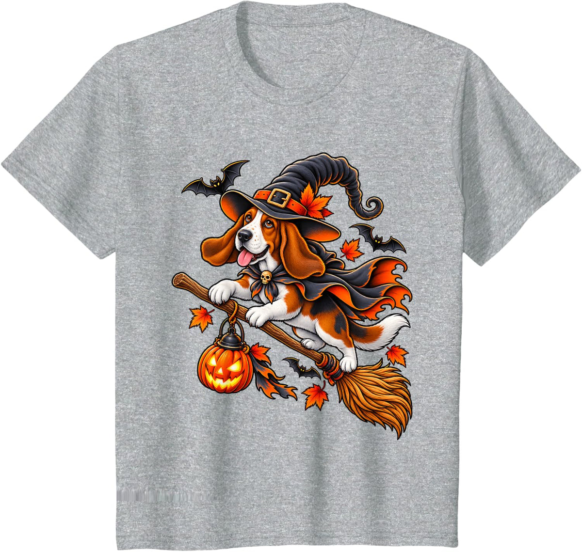 Funny Basset Hound Witch Pumpkin Halloween Dog Lover T-Shirt - Heather Grey