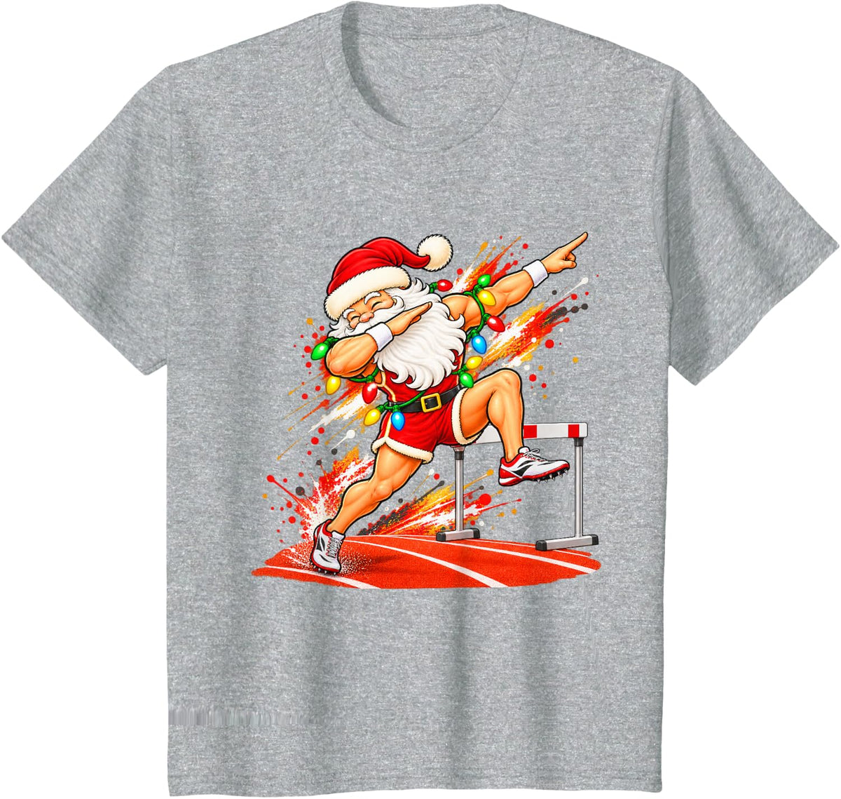 Dabbing Santa Track and Field Christmas Lights Colorful T-Shirt - Heather Grey
