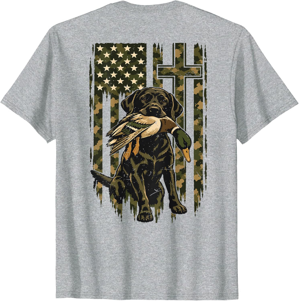Youth Mallard Duck Hunting Dog Camo American Flag Cross Mens T-Shirt - Heather Grey